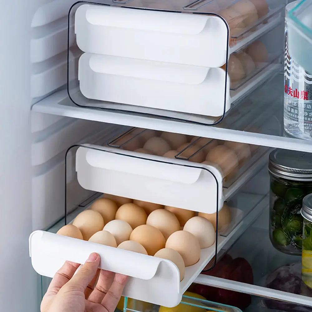Double-Layer Egg Storage Drawer Box, Holds 32 Eggs, Transparent Body