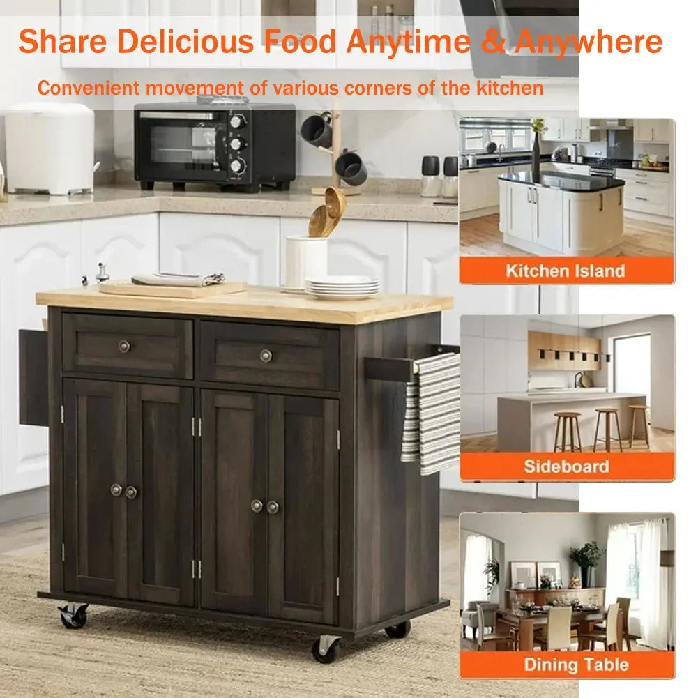 Wooden Kitchen Island Cart on Wheels with Storage Cabinets