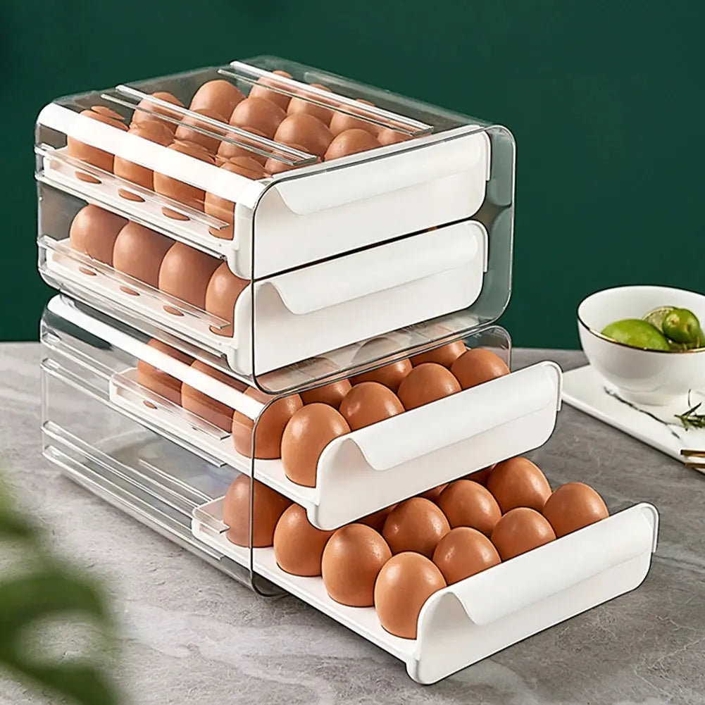 Double-Layer Egg Storage Drawer Box, Holds 32 Eggs, Transparent Body