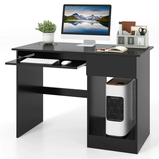 Black Wooden Computer Desk with Pull-out Keyboard Tray Furnish Wise