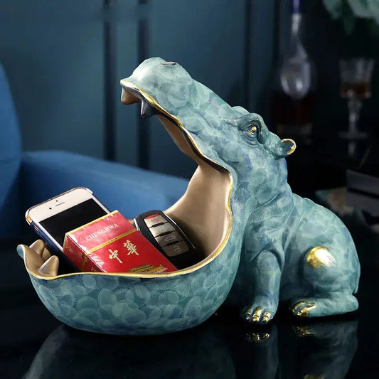 Resin Hippo Statue Sculpture Figurine Key Candy Storage Ornaments Container Decoration Home Table Decoration Accessories Gift Furnish Wise