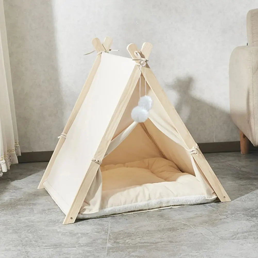 Cozy Pet Tent Teepee with Thick Cushion & Wooden Frame