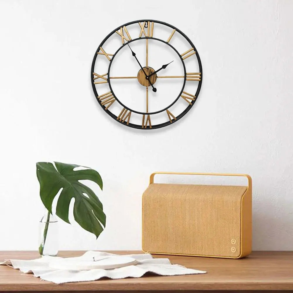 Black Metal Quartz Round Roman Wall Clock Furnish Wise