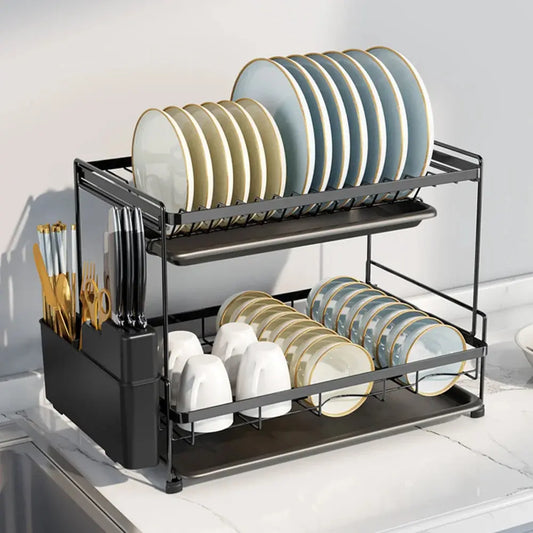 Black 2 Tier Dish Drying Rack with Drainboards Furnish Wise
