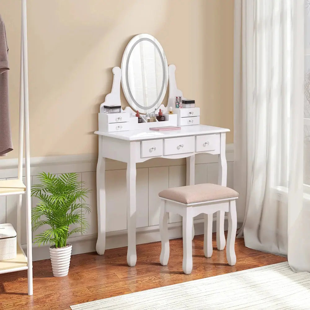 Makeup Vanity Desk Set with LED Lighting, Table & Cushioned Stool