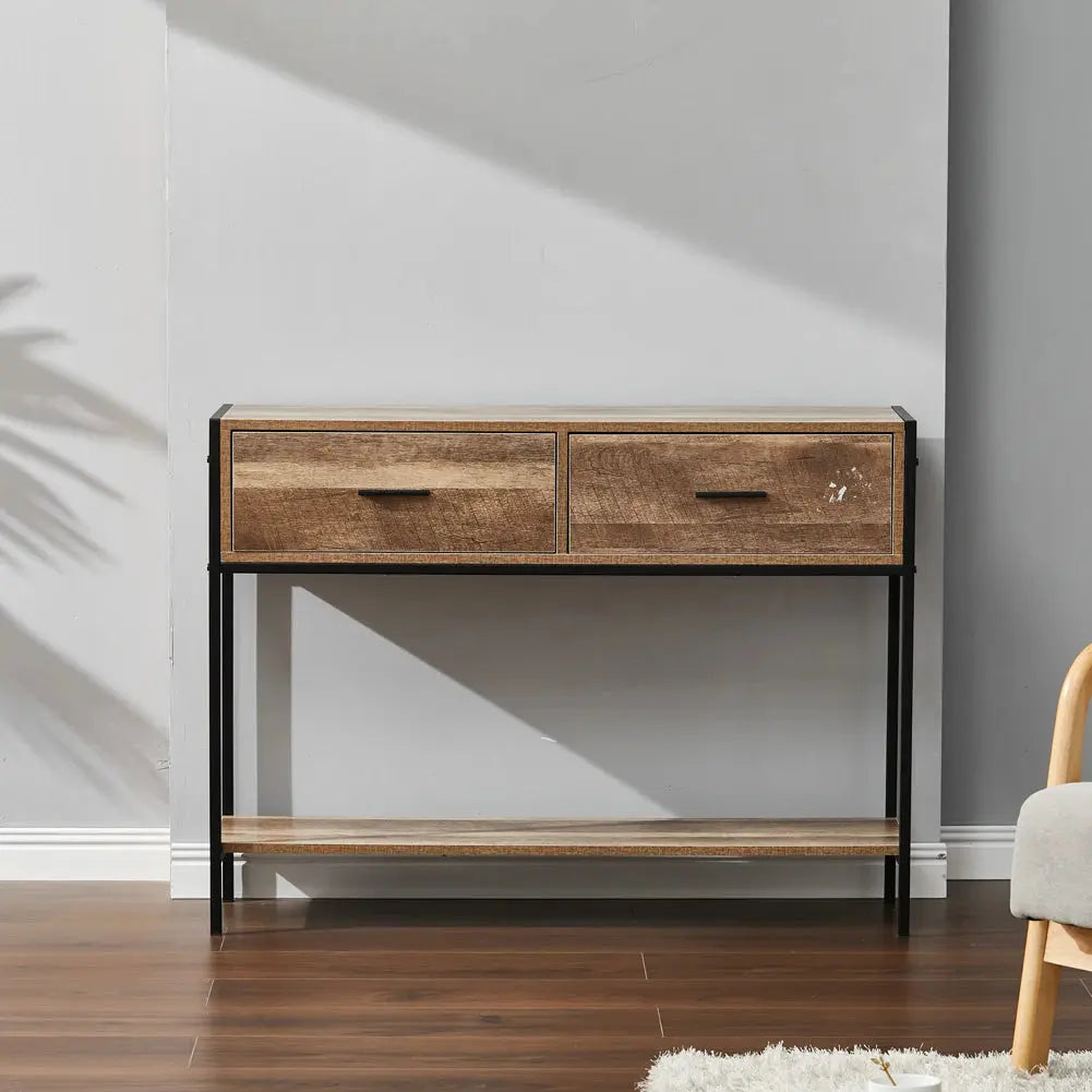 Rustic Brown Console Table With 2 Drawers And Shelves