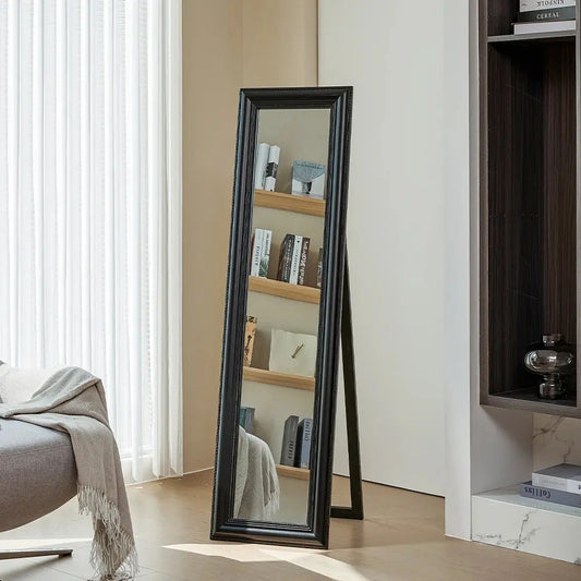 Modern Black Wood Frame Beveled Full Floor Mirror Furnish Wise