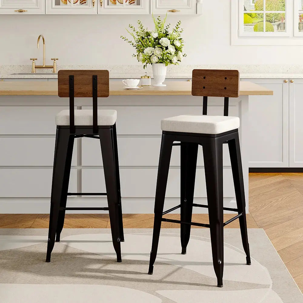 2-Piece Metal Breakfast Bar Stools with Cushions and Backrest Furnish Wise