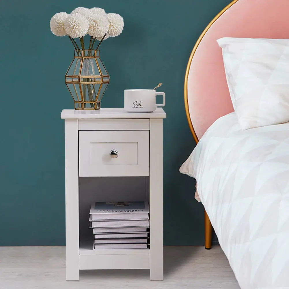 White Small Side Table with Drawer Furnish Wise