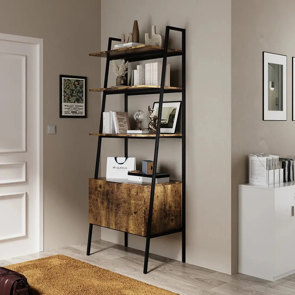 Rustic Brown Industrial Style Wooden Bookshelf Display Furnish Wise