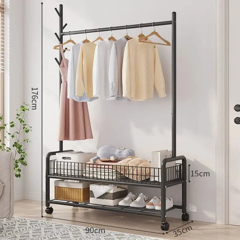 Mobile Clothes Rack with Storage - Freestanding Garment Organizer with Hooks & Shelves, Floor Hanger for Bedroom, hanger rack Furnish Wise