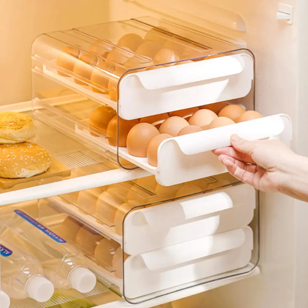 Double-Layer Egg Storage Drawer Box, Holds 32 Eggs, Transparent Body