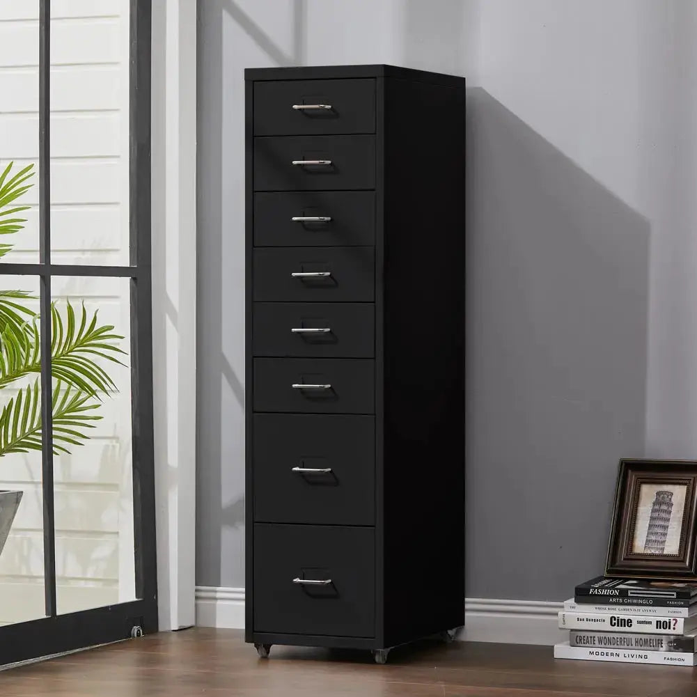 Rolling File Cabinet with 8 Drawers Shelf and Wheels, Black
