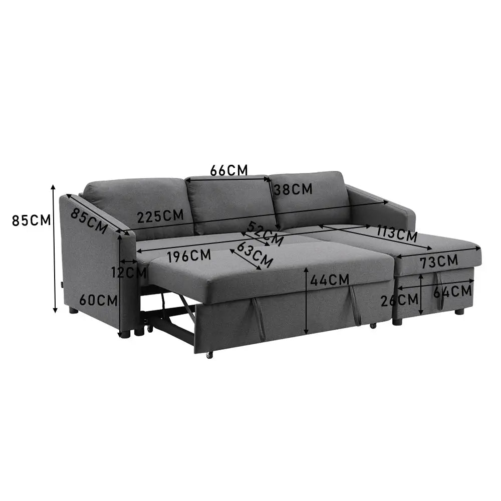 Dark Grey Corner 3-Seater Sofa Bed with Storage Furnish Wise