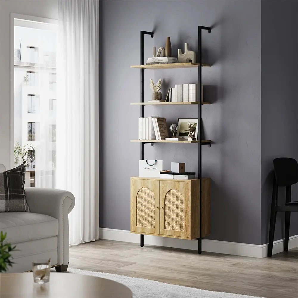 Wooden Bookshelf with Rattan Cabinet