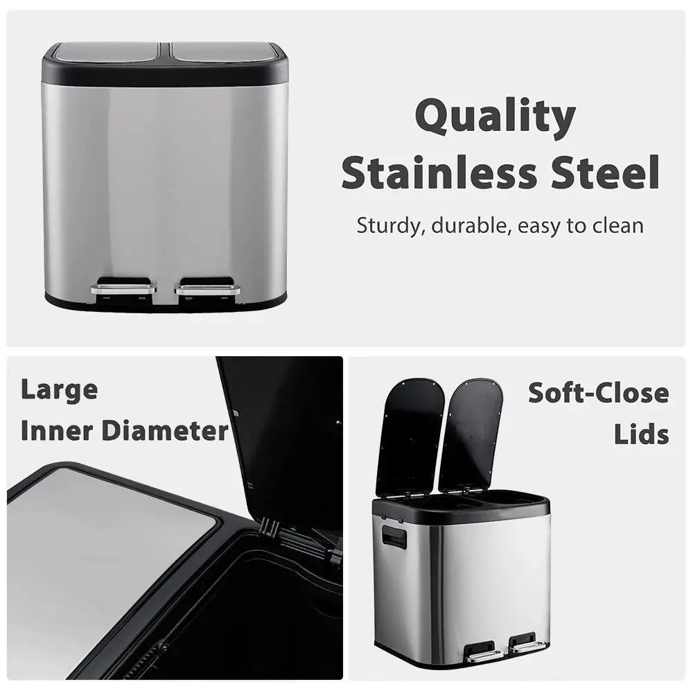 30L Stainless Steel Step Open Trash Can with Dual Pedals Furnish Wise