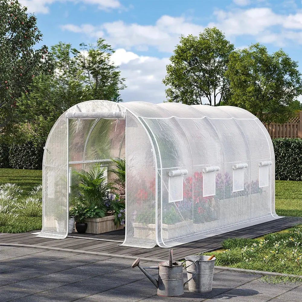 White 4m Outdoor Tunnel Greenhouse with Steel Frame
