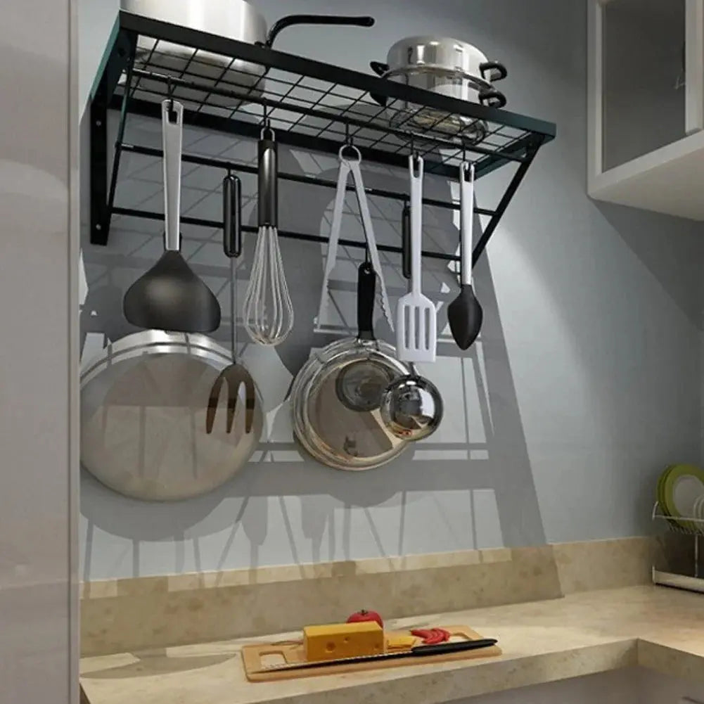 Wall Mounted Iron Hanging Pot Pan with 10 Hooks