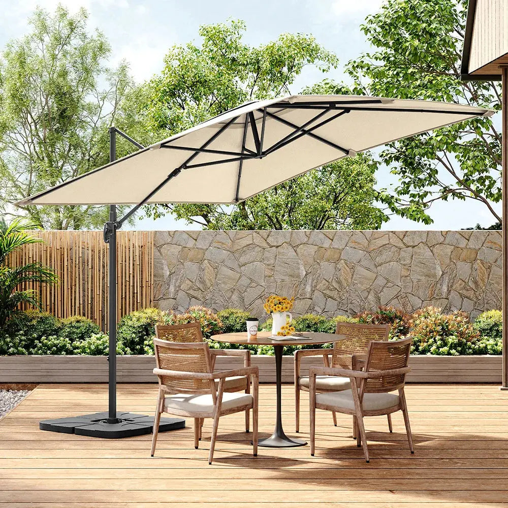 3m Large Garden Roma Tilting Aluminium Cantilever Parasol With Cross Base, Beige