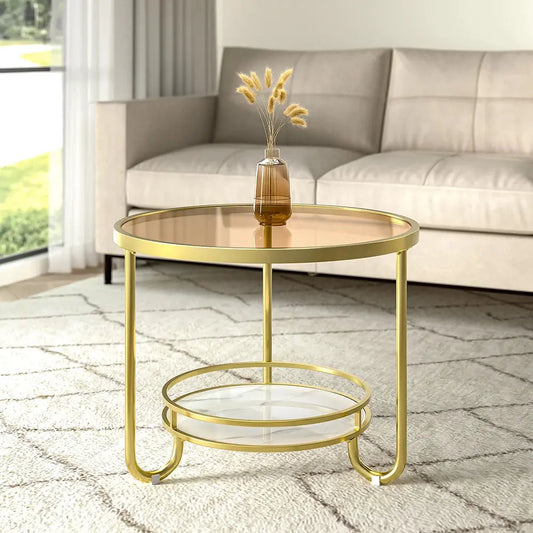 Gold 2 Tier Round Glass and Slate Coffee Table Furnish Wise