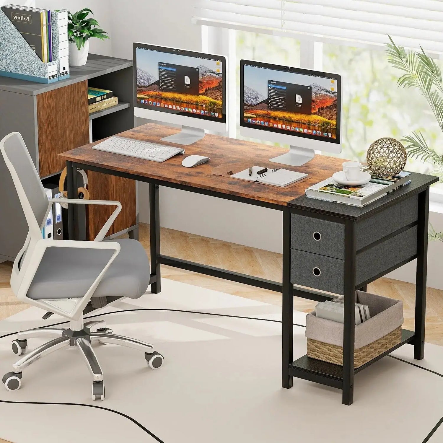 GOFLAME 140 cm Home Office Desk Writing Desk Modern Computer Workstation with 2 Drawers Furnish Wise
