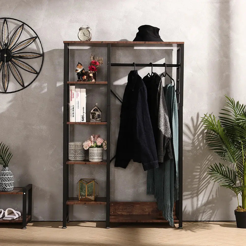 5-Tier Rustic Brown Clothes Rack with Storage Shelves