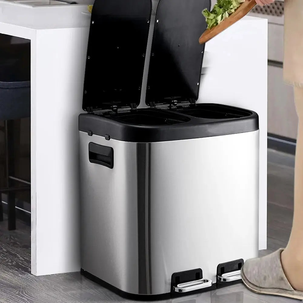30L Stainless Steel Step Open Trash Can with Dual Pedals Furnish Wise
