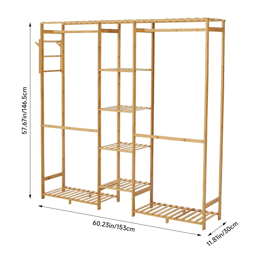 6 Tier Bamboo Wooden Clothes Rack with Side Hooks