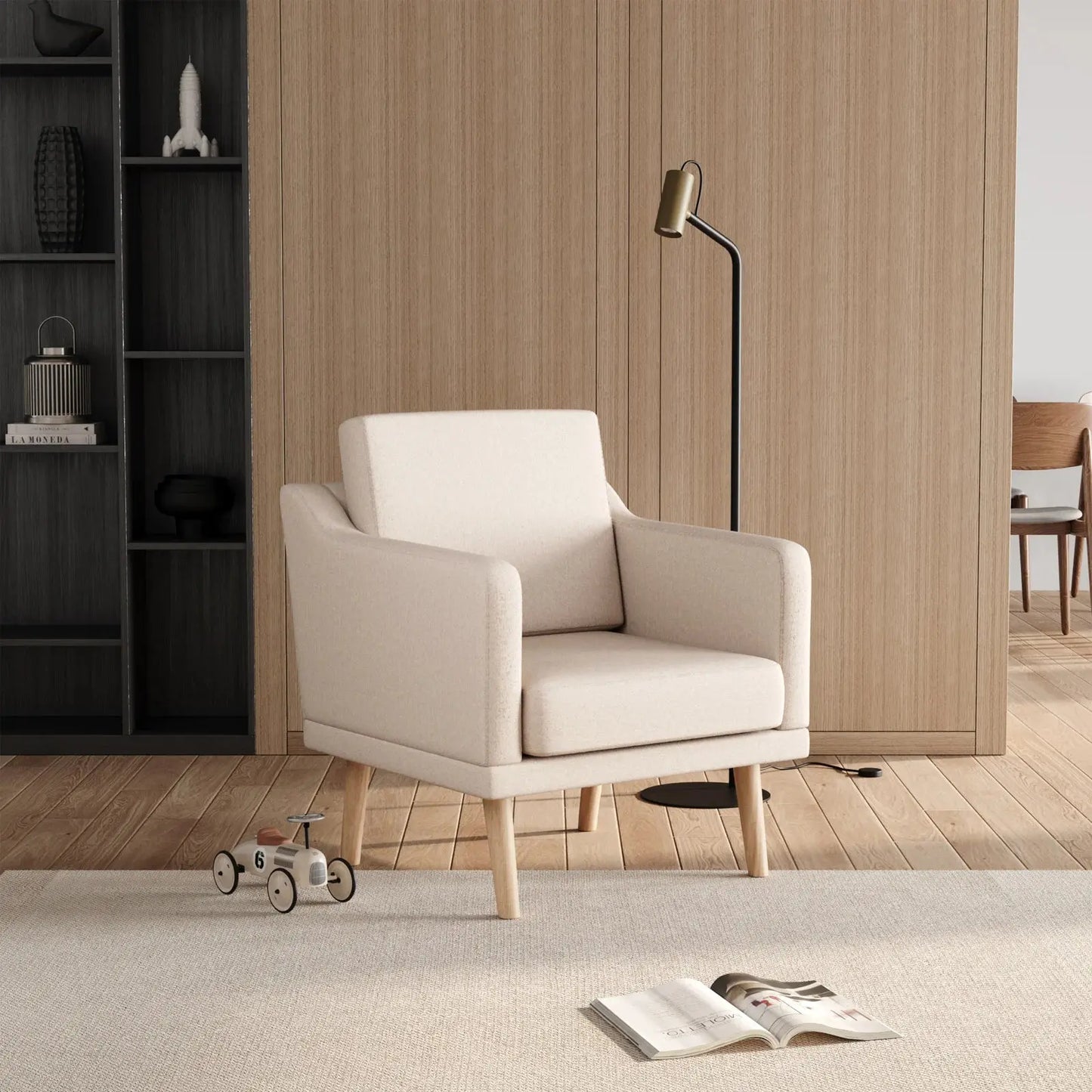 Beige Linen Upholstered Padded Armchair