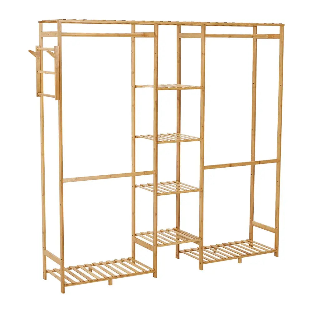 6 Tier Bamboo Wooden Clothes Rack with Side Hooks