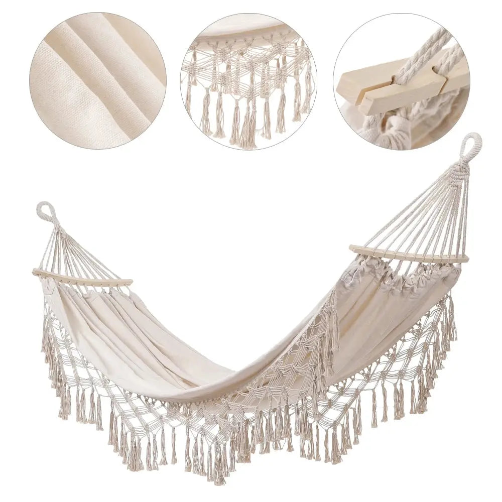 2 Person Beige Camping High Load Bearing Hammock with Tassles