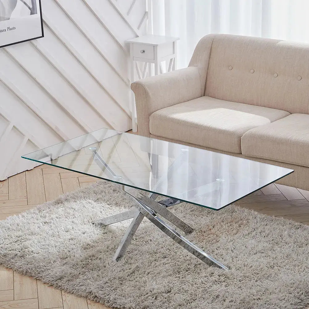 Rectangle Tempered Glass Top Side Table with Chrome Legs