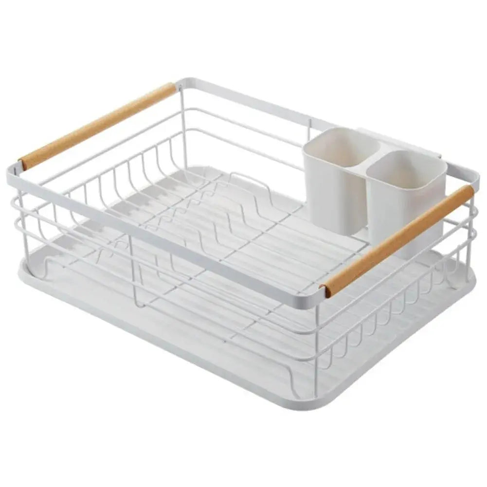Iron Dish Drainer with Detachable Drip Tray, Wooden Handle and Ventilation System
