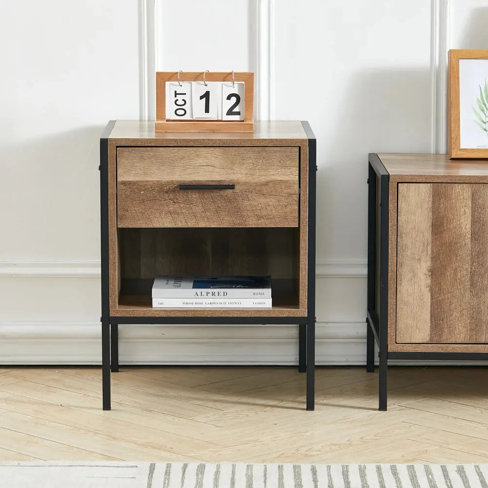 Metal Frame Wood Industrial Bedside Table with Drawer for Bedroom Furnish Wise