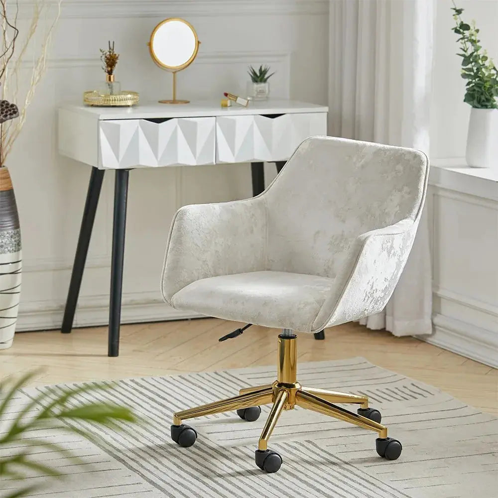 Velvet Upholstered Home Office Swivel Task Chair with Gold Base