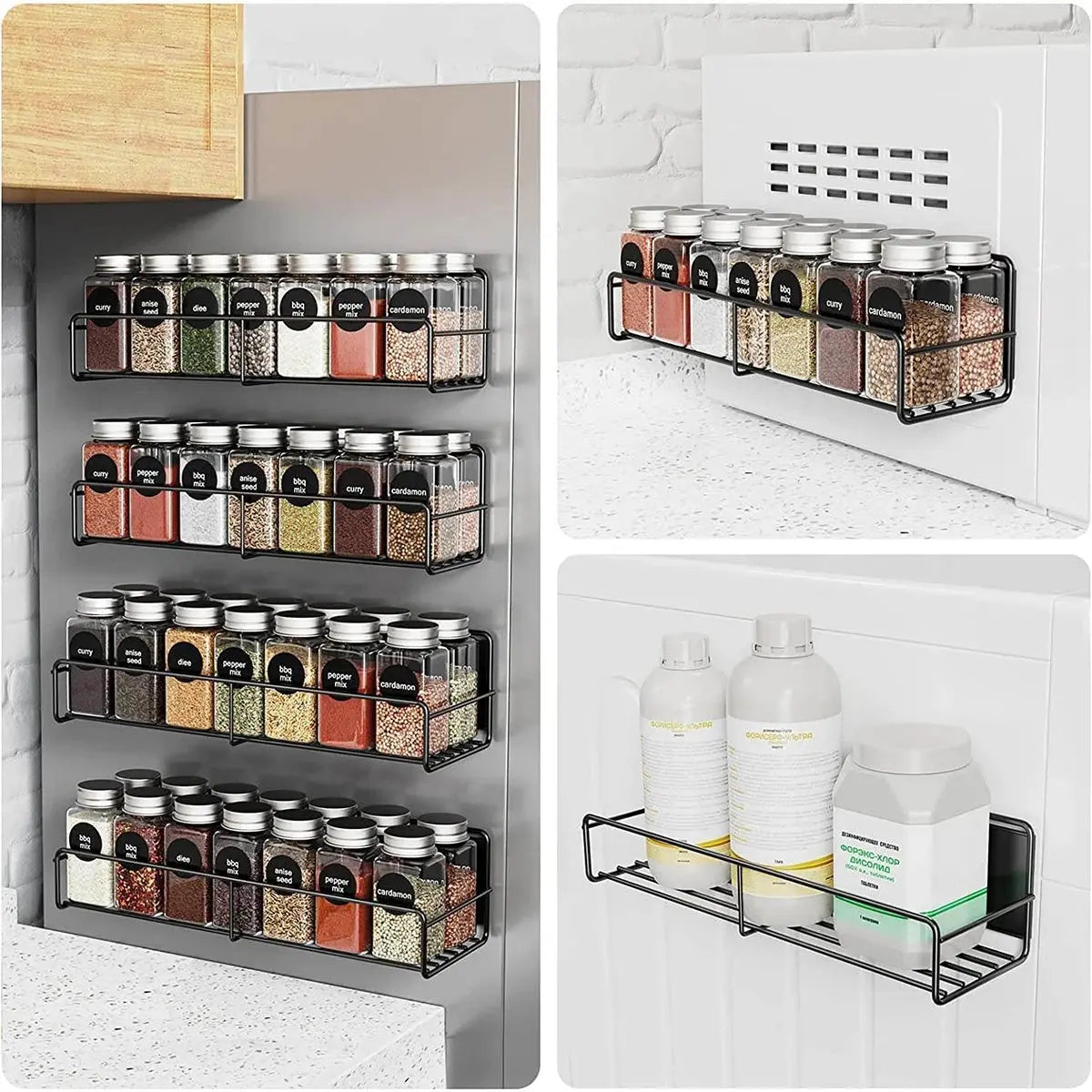 4-Piece Magnetic Fridge Storage Shelf Spice Rack with Hooks