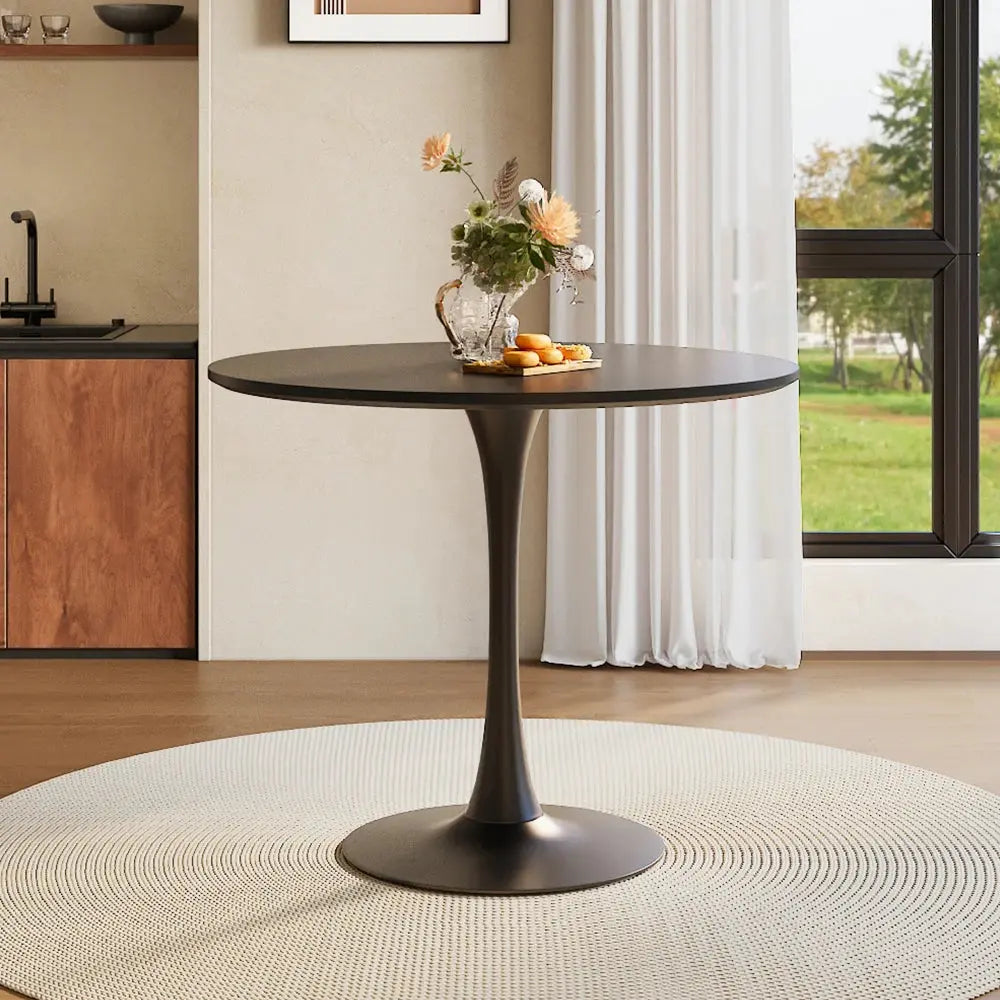 Modern Round Wooden Table with Metallic Base Furnish Wise