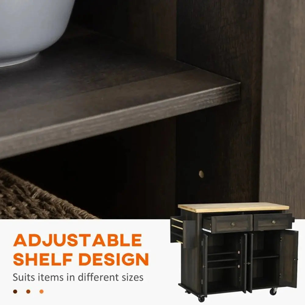 Wooden Kitchen Island Cart on Wheels with Storage Cabinets
