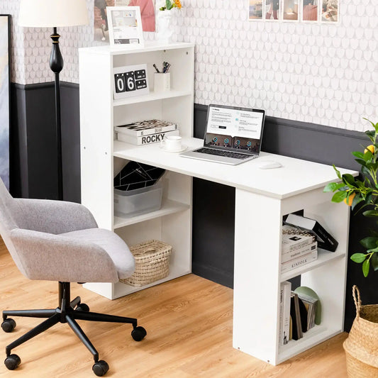 GOFLAME Computer Desk Wooden PC Laptop Table Writing Workstation 6-Tier Storage Shelves Furnish Wise