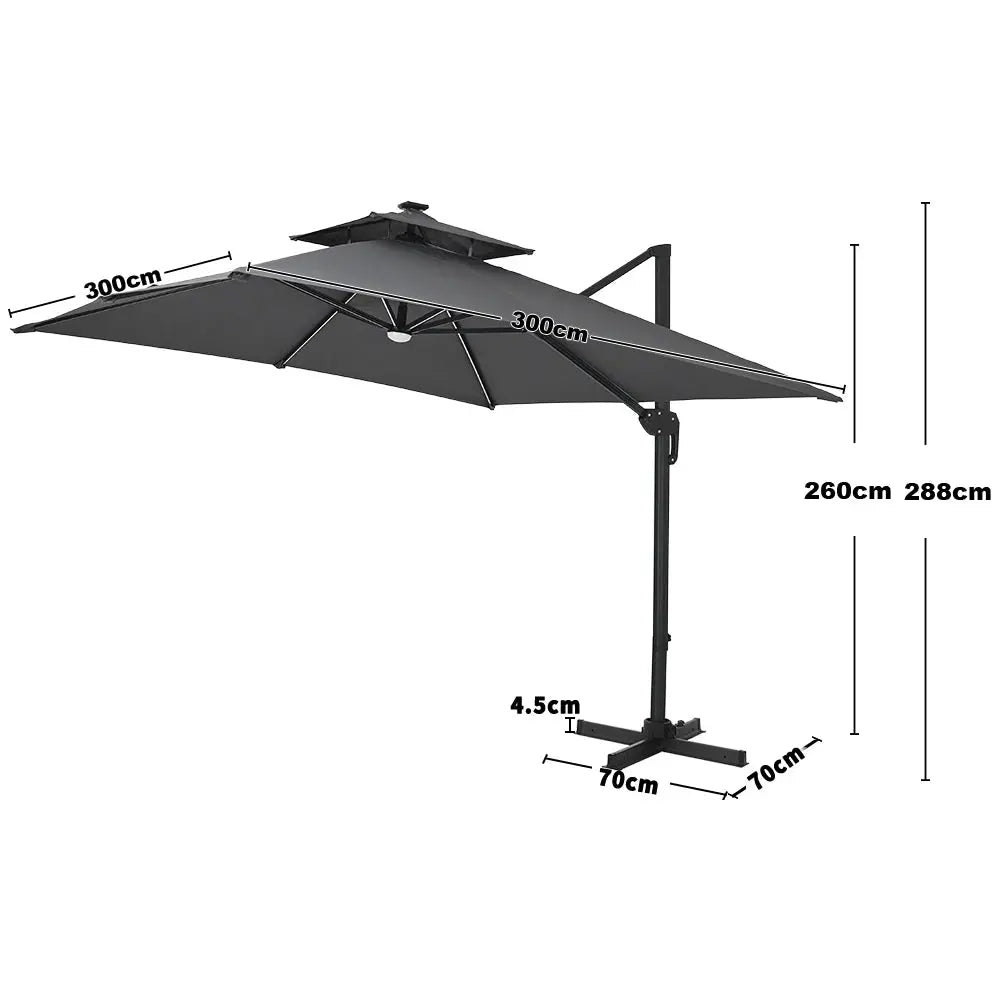 3m Dark Grey Garden LED Light Parasol Outdoor Umbrella with Cross Base