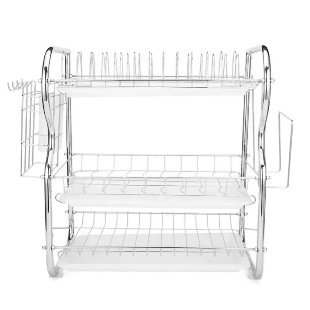 Kitchen Chrome Dish Drainer Cutlery Cup Plates Holder Sink Rack Drip Tray 3 Tier Furnish Wise