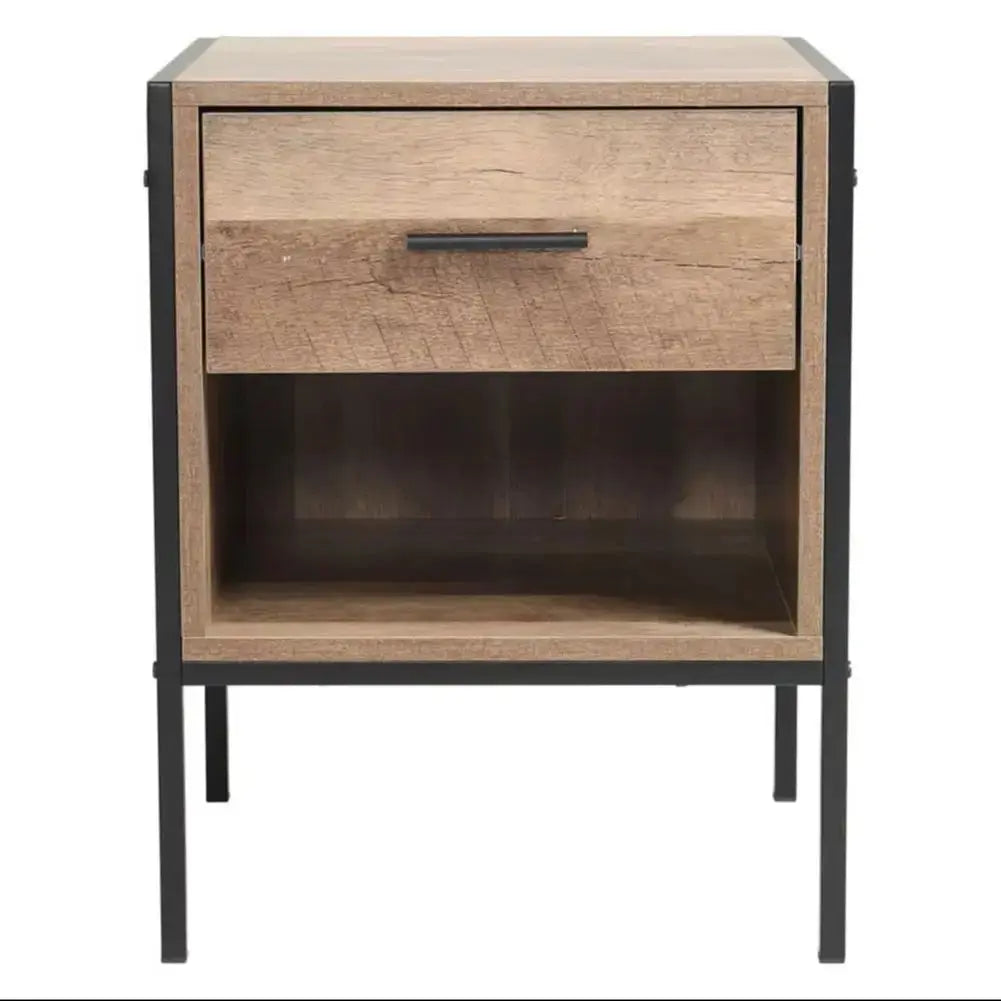 Metal Frame Wood Industrial Bedside Table with Drawer for Bedroom Furnish Wise