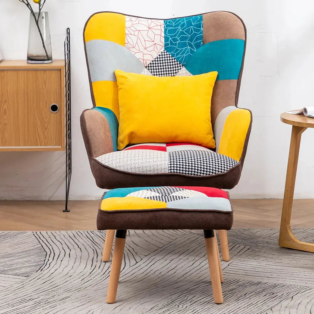 Multicolor Wingback Lounge Chair with Footstool and Pillow