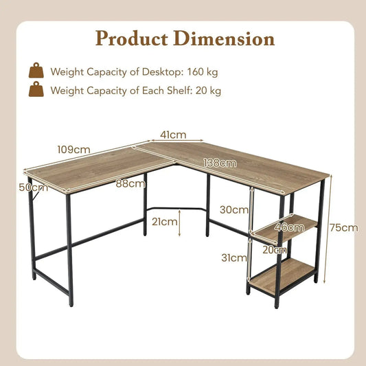 L-Shaped Computer Desk with 2-tier Shelves Furnish Wise