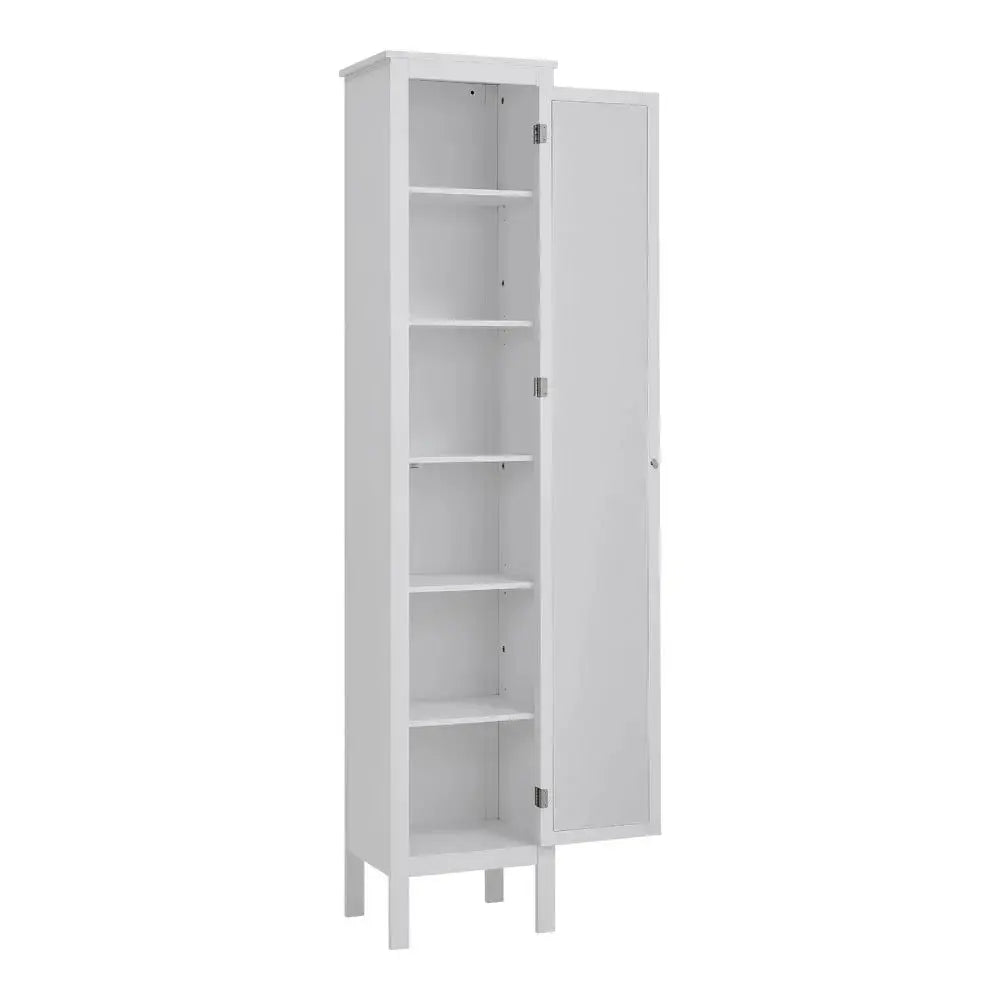 Slim White Tall Cabinet with Mirror Door Five Adjustable Shelves