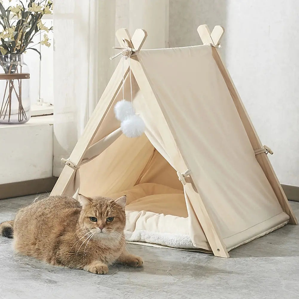 Cozy Pet Tent Teepee with Thick Cushion & Wooden Frame