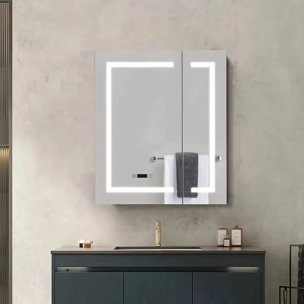 Frameless 2-Door LED Bathroom Mirror Cabinet with Clock Display