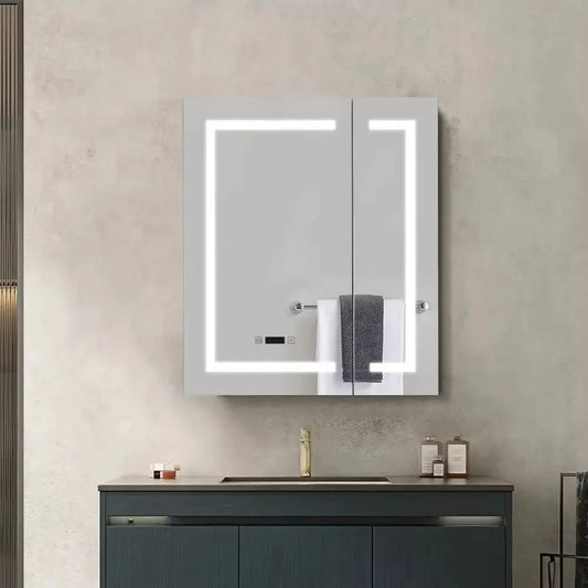 Frameless 2-Door LED Bathroom Mirror Cabinet with Clock Display
