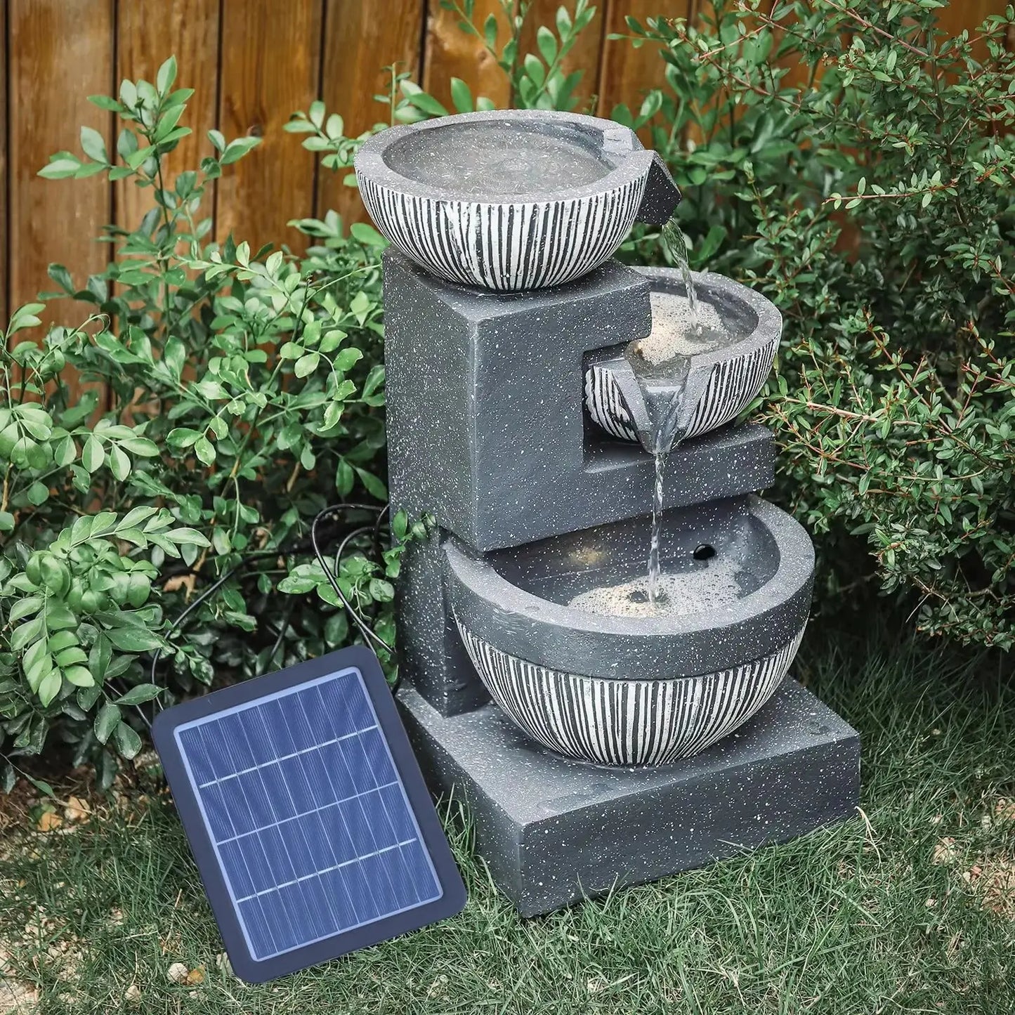 Outdoor Water Fountain Rockery Decoration 3 Tier Bowls Solar Powered - Furnish Wise