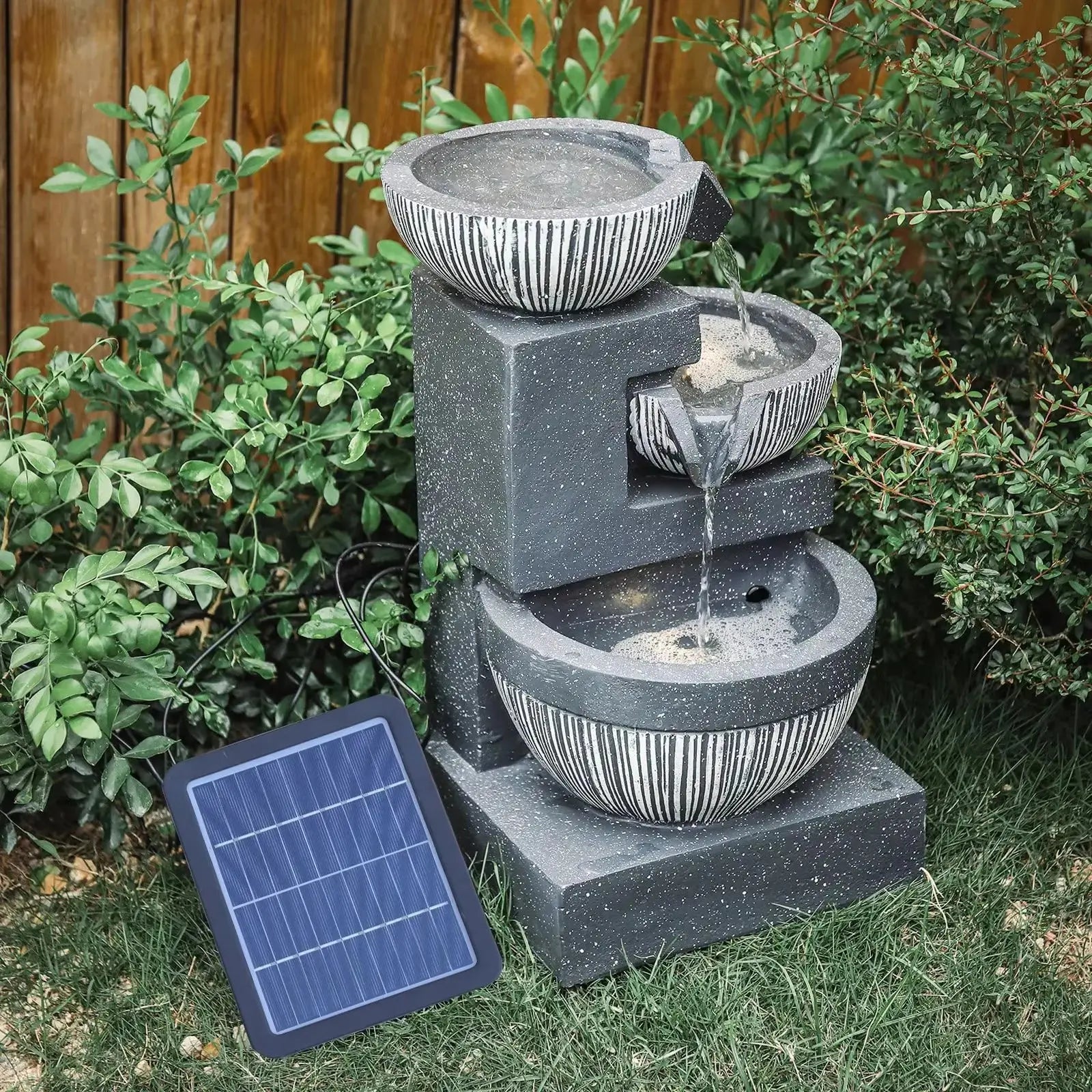 Outdoor Water Fountain Rockery Decoration 3 Tier Bowls Solar Powered - Furnish Wise